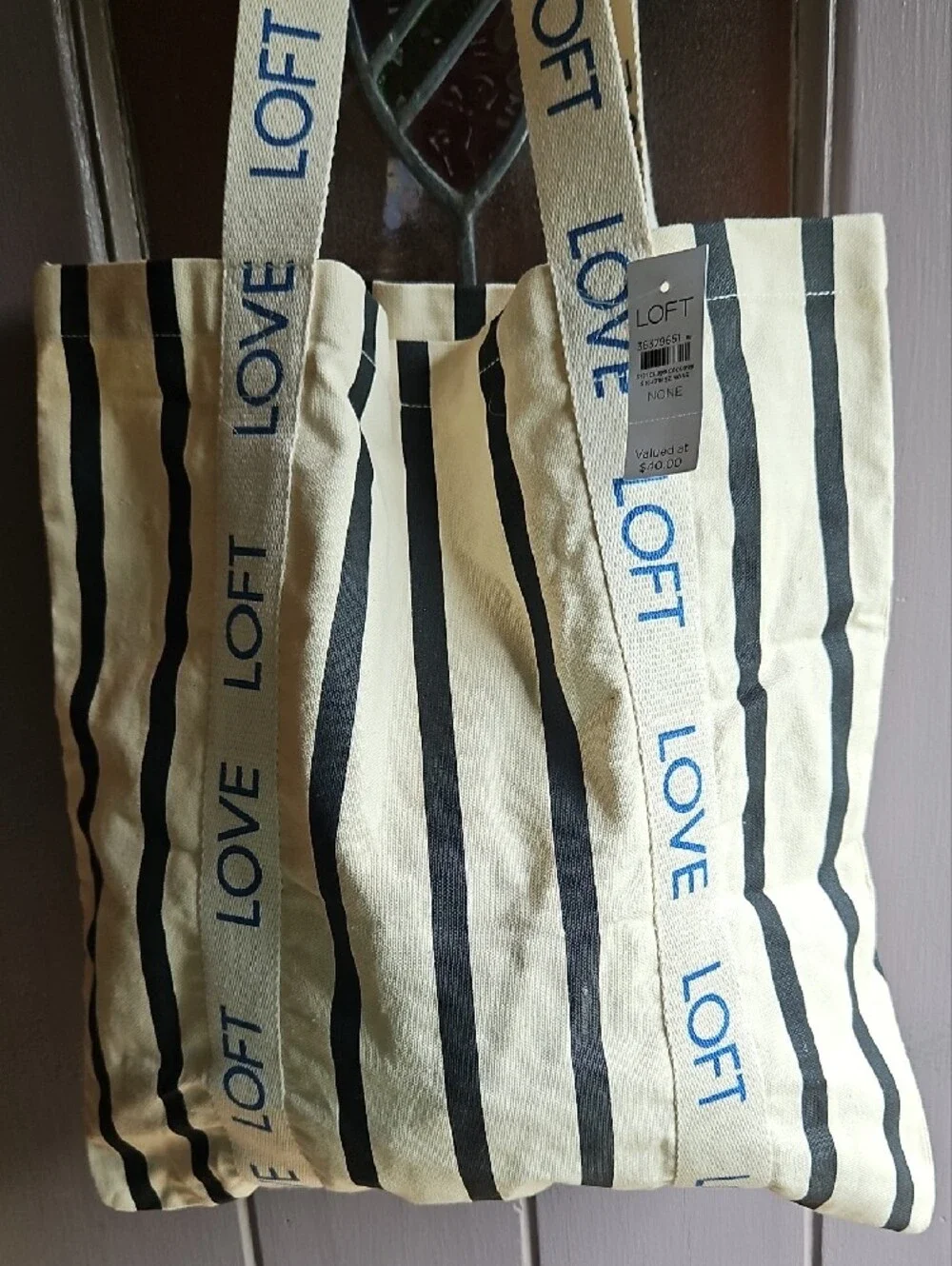 LOFT Blue and Cream Striped Canvas Tote with Logo Straps
